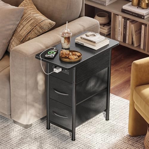 Huuger Narrow End Table with Charging Station, Side Table with 2 Drawers - Image 2