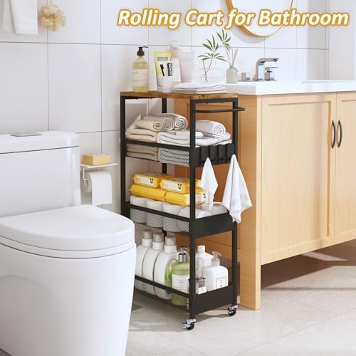 Vincona 9.1" Wide Slim Rolling Utility Cart, 4 Tier Metal Narrow Storage Cart with Handle and Wood Top, Multifunctional Small Mobile Shelf Unit Organizer Trolley for Laundry, Bathroom, Kitchen - Image 6