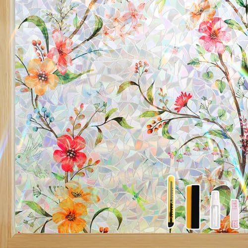 Finnez Stained Glass Window Film, Decorative Floral Rainbow, 29.5″ x 157.4″ by FINNEZ