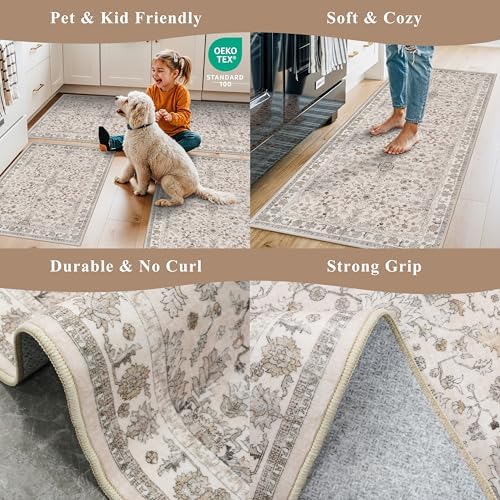 3x6 Kitchen Runner Rug Non Slip Washable - Soft Low Pile Stain-Resistant Wide Carpet Runner for Hallway Entryway Bedroom Bathroom with Rubber Backing - Boho Floral Door Mat(Beige,3x6) - Image 5