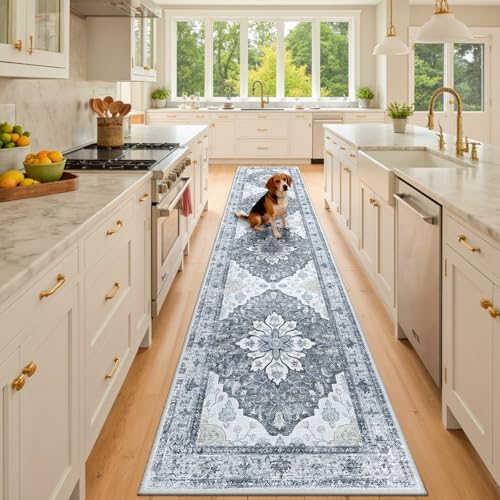 RELEANY Washable Area Rug, Runner 2'x10', Grey/White/Beige by RELEANY