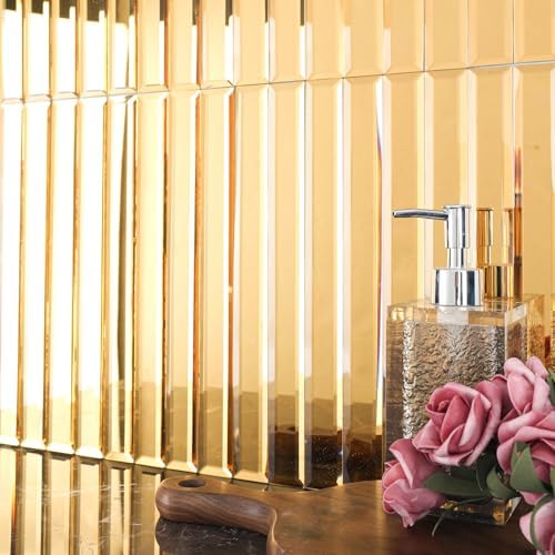 Diflart Peel and Stick Mirror Backsplash Tile, Gold, 11.8 x 11.8 Inch, Beveled Mirror Strip Tile for Kitchen Bathroom Bar Accent Wall, Pack of 5 Sheets by Diflart