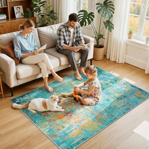 RELEANY Washable 4'x6' Abstract Area Rug for Living Room Teal Multi - Image 2