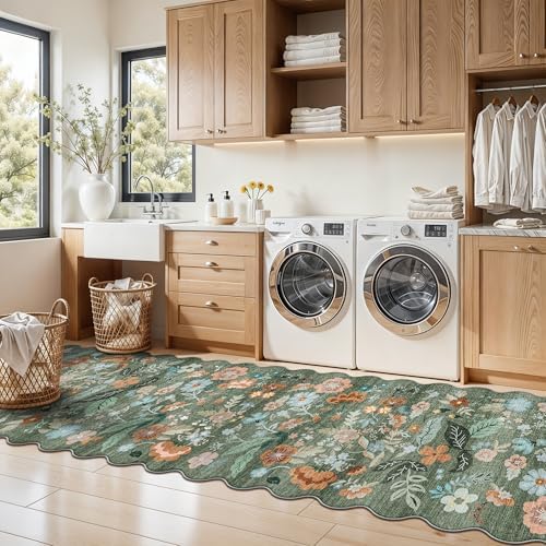 Washable 2x8 Hallway Runner Rug: Water-Resistant Kitchen Rug Soft Bedroom Carpet Non-Slip Indoor Hardwood Floor Mat for Entryway Bathroom Dining Room Boho Decorative Home Decor(2x8, Floral/Green) - Image 5