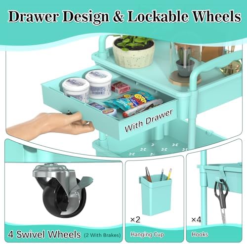 SUNALLY 4 Tier Rolling Cart with Drawer, Craft Storage Cart Organizer, Blue - Image 3