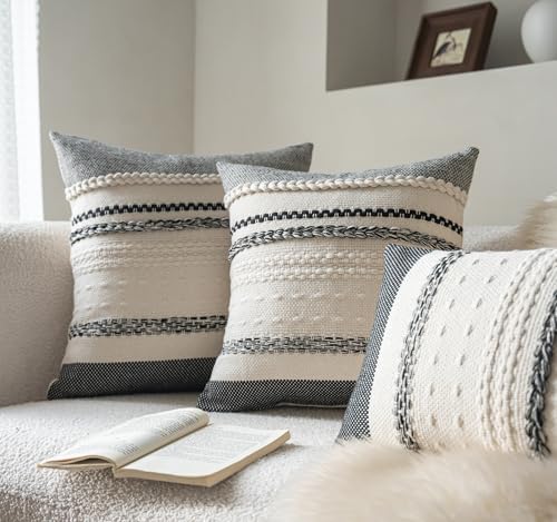 Cethom Boho Throw Pillow Covers 20x20 Inch Set of 2, Black Textured Decorative Couch Pillow Cases for Farmhouse Home Decor, Accent Cushion Cover for Sofa, Bed, Living Room, Bedroom - Image 2