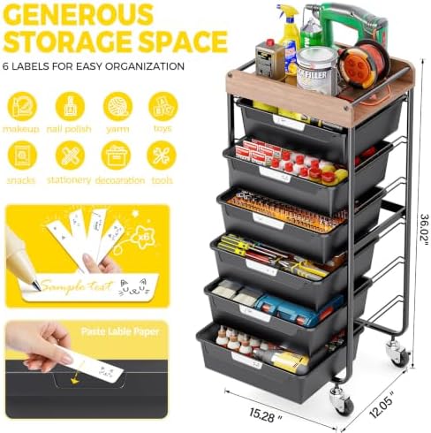 SYKIARIOL Utility Cart with 6 Labeling Drawers and Wooden Tabletop - Image 2
