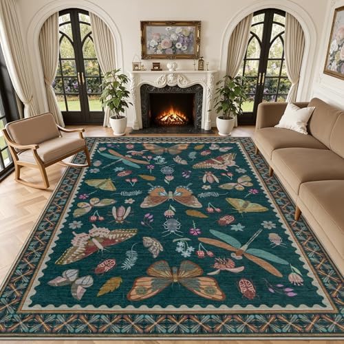 8x10 Area Rug Living Room: Soft Floral Washable Boho Carpet Teal by EXPEDIX