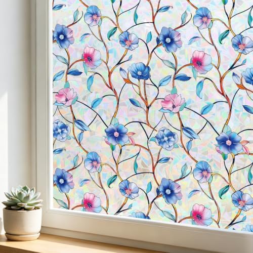 FINNEZ Rainbow Window Privacy Film Blue Pink Floral, 35.4″ x 78.7″ by FINNEZ