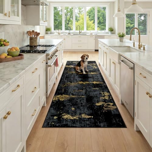 RELEANY Washable Runner 3'x7' Abstract Area Rug for Hallway Black Gold by RELEANY