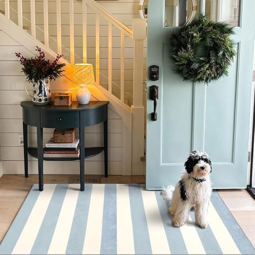 3x5 Entry Rug - Small Washable Indoor Outdoor Mats for Front Door Non-Slip Porch Rug Summer Blue White Coastal Striped Throw Rugs for Bedroom Entryway Kitchen Office Mudroom Front Porch Decor - Image 5