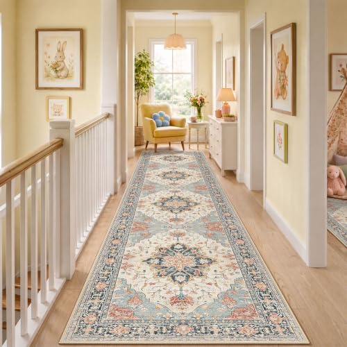 RELEANY Washable Area Rug, Runner 3'x12', Beige/Blue/Orange by RELEANY