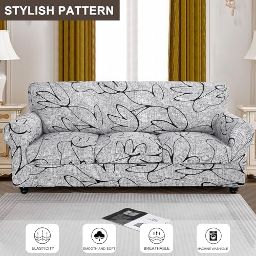 SearchI Stretch Sofa Cover Printed Couch Cover, Floral Pattern 4 Pieces Sofa Slipcover with 3 Separate Cushion Cover, Washable Furniture Protector for Living Room(Sofa, Grey Lotus+White) - Image 2