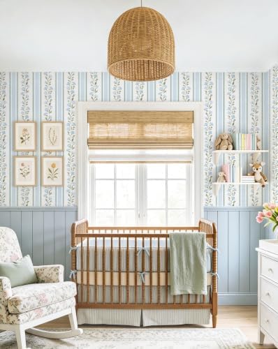 Safiyya Peel and Stick Wallpaper Stripe Floral Wall Paper Removable Blue White Green Contact Paper 17.7''x78.7'' Waterproof Self Adhesive Vinyl Boho Wallpaper for Bedroom Living Room Decor - Image 5