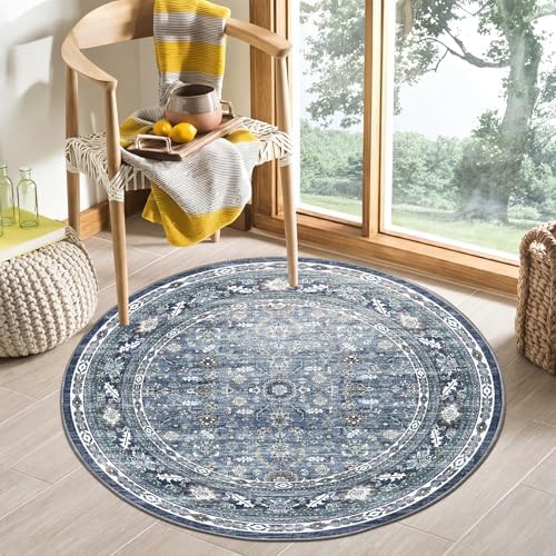 OPPODREAM Vintage Blue Area Rugs 4' Round, Washable Rug for Living Room by OPPODREAM