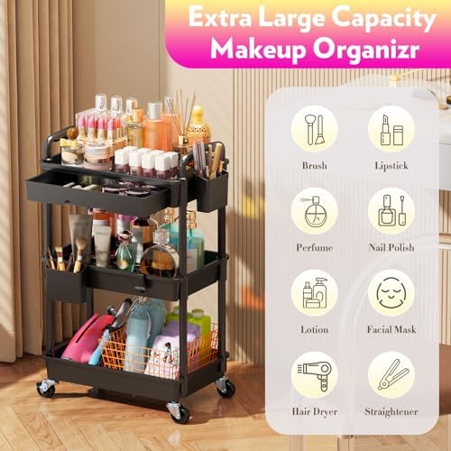 SUNALLY Makeup Cart Organizer with Drawer,3 Tier Rolling Makeup Cart, Black - Image 4