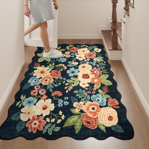 DUKINO 3x4 Rug, Non Slip Floral Washable Area Rug for Entryway, Navy Blue - Image 3