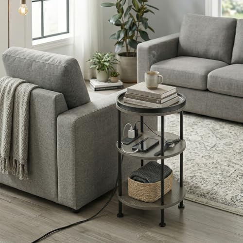 Small Round Side Table with Charging Station for Small Spaces, 3-Tier Accent Table with USB Ports & Power Outlets, Sofa Corner Tea Table for Living Room Nightstand Bedroom Apartment (Grey) - Image 5
