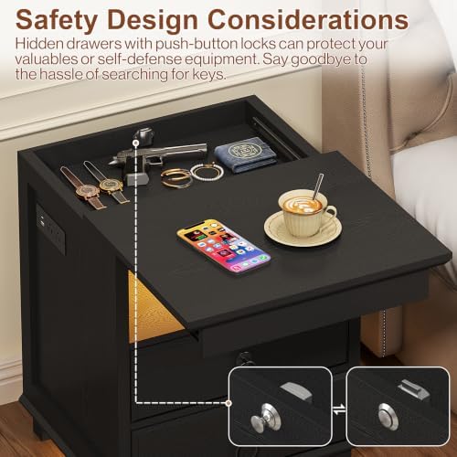 Yusong LED Night Stand with Gun Drawer, Bedside Table with Charging Station, Sofa Couch End Side Table with with 2 Drawers ＆Open Shelf for Bedroom, Black - Image 3
