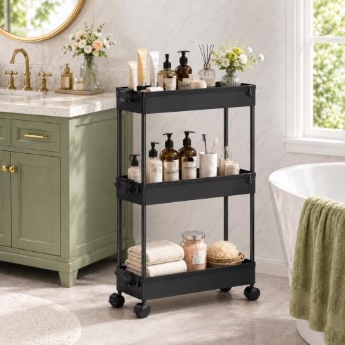 SPACEKEEPER Slim Rolling Storage Cart, 3 Tier Bathroom Storage Organizer Laundry Room Utility Cart Mobile Shelving Unit, Multi-Purpose for Kitchen Office Bathroom Laundry Narrow Places, Black by SPACEKEEPER