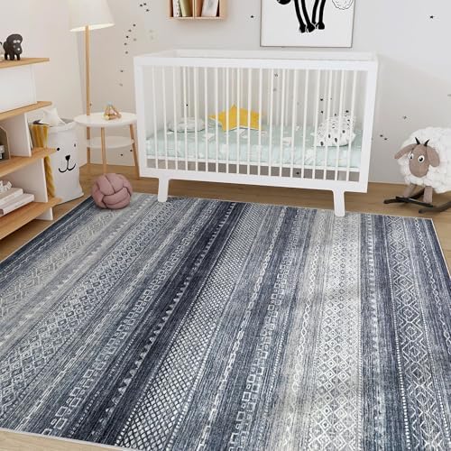 Nakagishi Area Rug Living Room Rugs: 7x10 Machine Washable Boho Large Neutral Farmhouse Stain Resistant Moroccan Indoor Floor Carpet for Bedroom Nursery Dorm Classroom Dining Room Home-Blue - Image 6