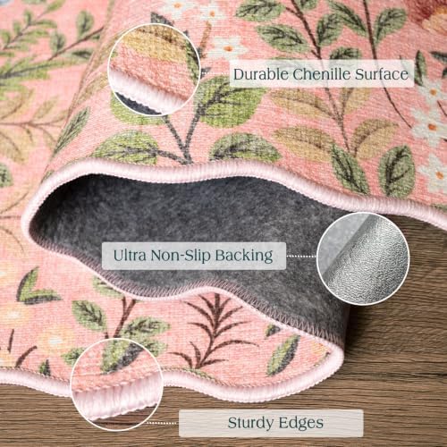 Front Door Mat Outside Entrance, 28"x43" Pink Floral Scalloped Rug - Image 3