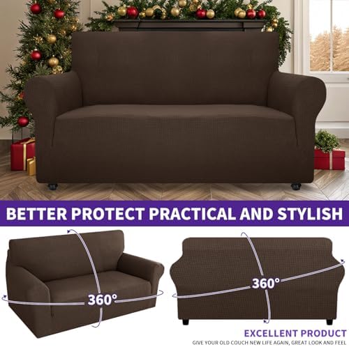 ZNSAYOTX Super Stretch Couch Cover Love Seat Sofa Covers for Living Room Dogs Pet Friendly Furniture Protector Spandex Loveseat Slipcovers with Anti Slip Foam Sticks (Coffee, Loveseat) - Image 2
