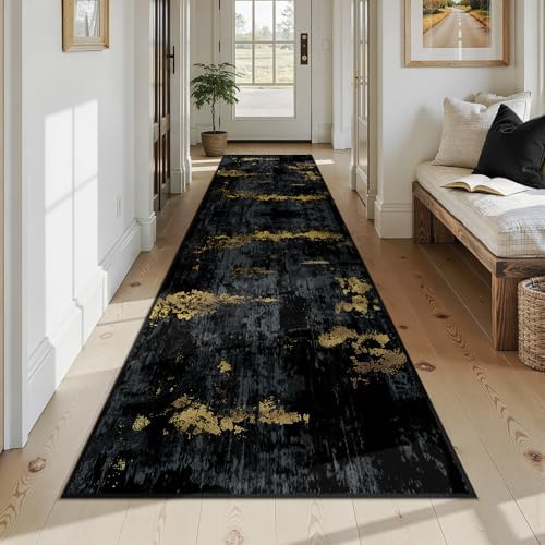 RELEANY Washable Runner 3'x12' Abstract Area Rug for Hallway Black Gold - Image 2