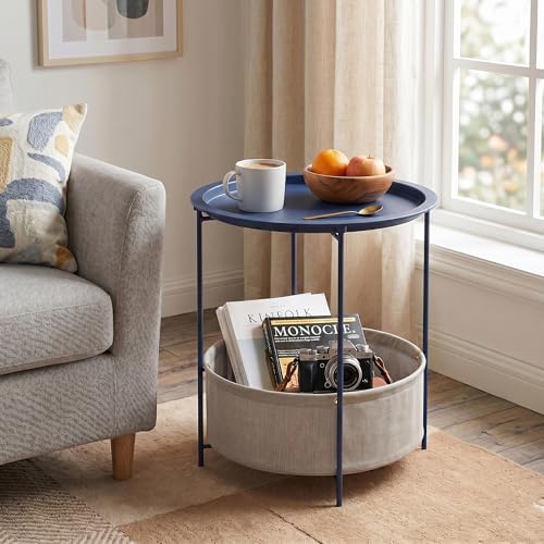 VECELO Round Side/End Table with Fabric Storage Basket，Metal Anti-Rust and Waterproof Small Bedside Nightstand with Removable Tray Top for Living Room，Balcony & Laundry，Blue /2pcs with Basket - Image 6