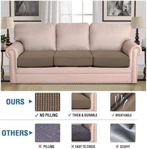 H.VERSAILTEX Super Stretch Individual Seat Cushion Covers Sofa Covers Couch Covers Slipcover Sets Thick Jacquard Textured Twill Fabric (3 Piece XL Sofa Cushion Covers, Macchiato) - Image 2