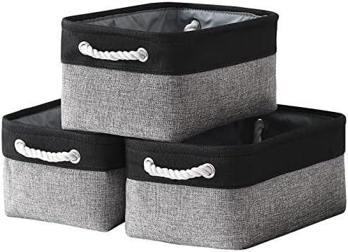 TheWarmHome Storage Basket for Organizing - 14x10x7 inch Medium 3 Pack Collapsible Storage Bin for Shelves with Rope, Fabric Storage Cubes for Organizer Cloth Gift Toy Closet (Black & Grey) by TheWarmHome