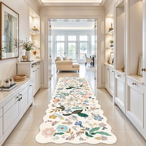Hallway 4x10 Washable Area Rugs: Indoor Floral Scalloped Rug for Kitchen Entryway Farmhouse Nursery Bathroom Soft Carpet with Non Slip Backing Water Resistant Thin Laudry Floor Mat (4x10,Cream) by HYHAOYUNLAI