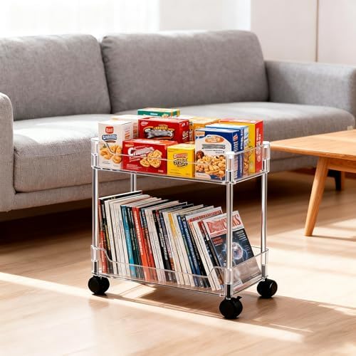Betoveren 2 Tier Utility Rolling Cart Storage Organizer with Wheels Under Desk Mobile Bathroom Cart Organizer for Office Bathroom Home Kitchen Organization Transparent (Width 8.85 Inches) by Betoveren