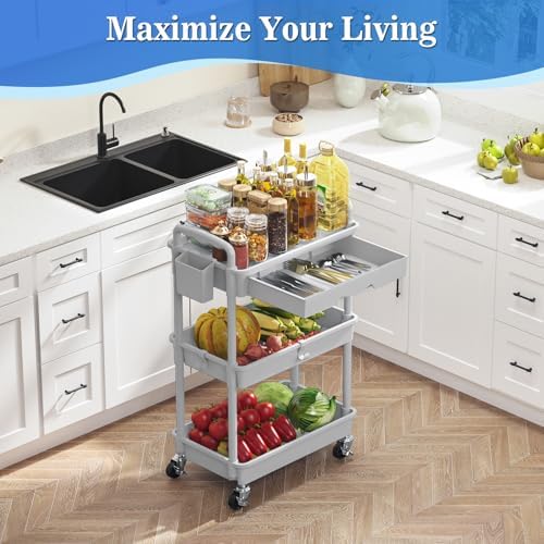 SUNALLY 3 Tier Rolling Cart with Drawer, Craft Storage Cart Organizer, Gray - Image 5