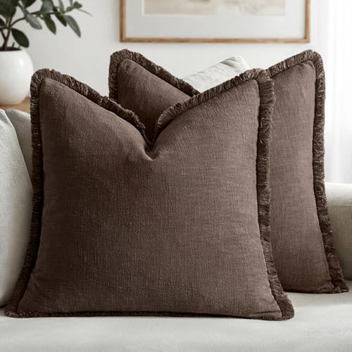 MIULEE Boho Linen Fringe Decorative Fall Pillow Covers Reddish Brown 26x26 by MIULEE