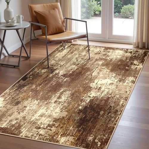 RELEANY Washable 3'x5' Abstract Area Rug for Living Room Brown Tan by RELEANY