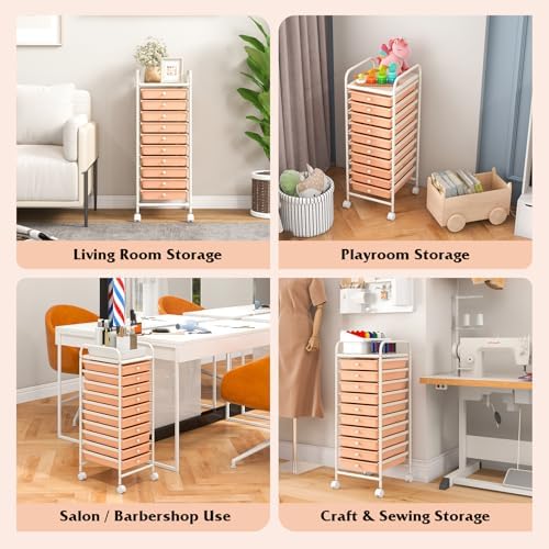 10-Drawer Rolling Storage Cart, Trolley w/Lockable 360° Wheels, 10 Removable PP Drawers, Sturdy Metal Frame, Rolling Utility Cart Perfect for Home, Office, Classroom (Peach Fuzz) - Image 6