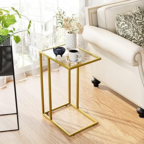 C-Shaped End Table, Side Table for Couch,Sofa Snack Table with Tempered Glass & Metal Frame,Small TV Tray Table for Small Space,Living Room, Bedroom, Bedside,Modern Style, Gold - Image 2