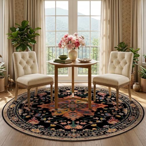 RELEANY Washable Area Rug, Round 5ft, Black/Colorful - Image 3