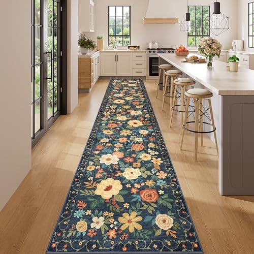 DUKINO 2.6x14 Washable Runner Rug, Floral Non Slip Runner Rug, Navy Blue - Image 3