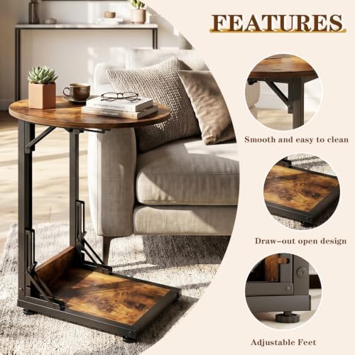 C Shaped Side Table, Folding End Table with Metal Frame, Foldable Table for Eating, Couch Sofa Table,Slide Under TV Tray Table for Living Room, Bedroom, Small Spaces (Brown) - Image 4