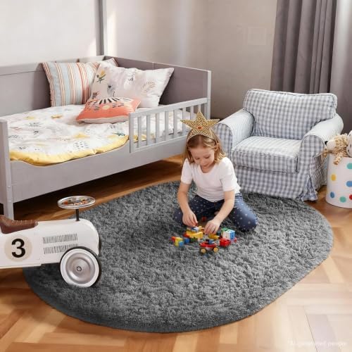 Ophanie 4x6 Oval Grey Rugs for Bedroom Living Room, Fluffy Fuzzy Furry Carpet, Plush Soft Shaggy Bedside Indoor Floor Area Rug for Girls Boys Teen Dorm Decor with Over 99 pcs Pile fibers - Image 5