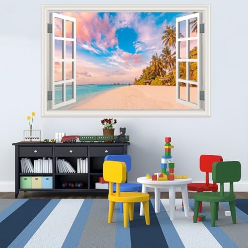Fake Window Wall Decal - Summer Beach Seascape Ocean Scene Art Sticker | ｜Faux Window Natural Scenery Landscape Mural ｜ Stick and Peel Wall Decals｜Room Bedroom Office Decor｜48"x32",Set of 2 Sheets - Image 5