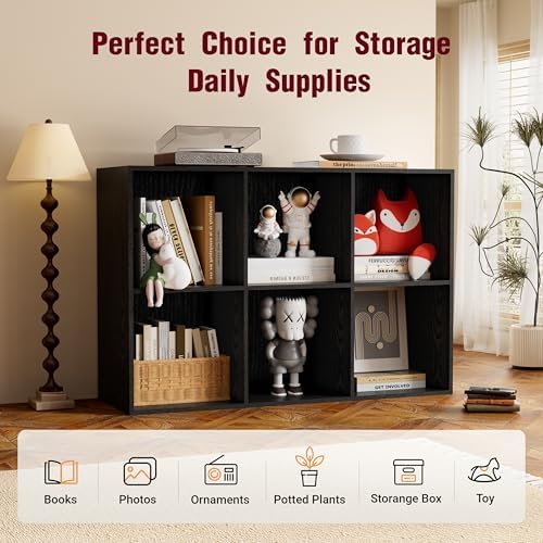 Book Shelf, Wooden Cube Storage Organizer with 11" Open Cubes, Stackable Modular Bookcase for Room Divider Storage, 2 Tier Bookshelf for Living Room, Bedroom, Office (Black, 6-Cube) - Image 6