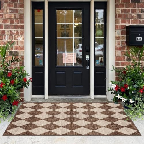4x6 Covered Outdoor Patio Rug - Brown Beige Checkered Entry Rug - Image 5