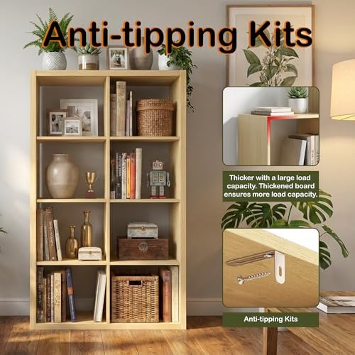 WannabeMyself【2026 Wooden Thick Frame】 8 Cube Storage Organizer with Anti-Tipping Kits, Reversible Open Back Book Shelf,Bookcase for Living Room,Bedroom,Entrance Hall,Office,11.6×48×24.6,Oak Color - Image 5