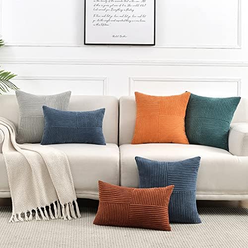 Fancy Homi 2 Packs Teal Samll Decorative Throw Pillow Covers 12x12 Inch with for Couch Bed Sofa, Rustic Farmhouse Boho Home Decor, Soft Corss Patchwork Corduroy Square Cushion Case 30x30 cm - Image 7