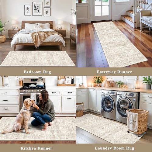 2x6 Runner Rug Hallway Washable, Non Slip with Rubber Backing Carpet for Kitchen Bathroom Neutral Moroccan Vintage Oriental Distressed Area Rugs for Bedroom Laundry Room Entry Entryway, Cream/Beige - Image 4