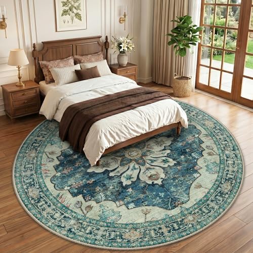 RELEANY Washable Area Rug, Round 10ft, Blue/Vintage Dark Blue - Image 2