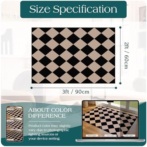 Indoor Outdoor Front Door Mat - 2x3 Black Tan Checkered Diamond Rug - Image 2